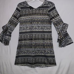 Amywear polyester spandex flower black-gold with designer sleeves mini dress